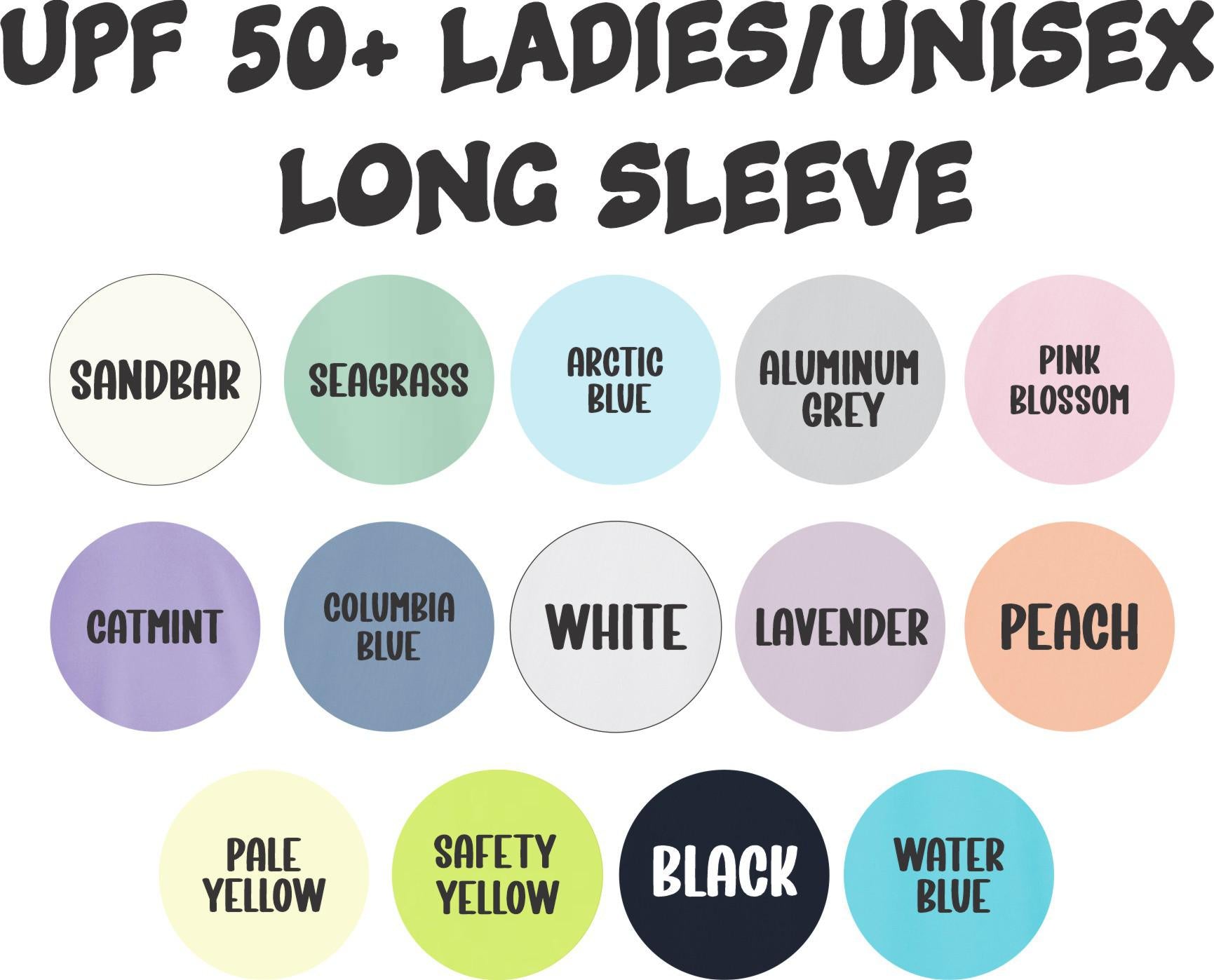 a collection of color swatches for long sleeves, labeled with different colors such as sandbar, seagrass, Arctic blue, alumin grey, pink blossom, catmint, Columbia blue, white, lavender, peach, pale yellow, safety yellow, black, and water blue.