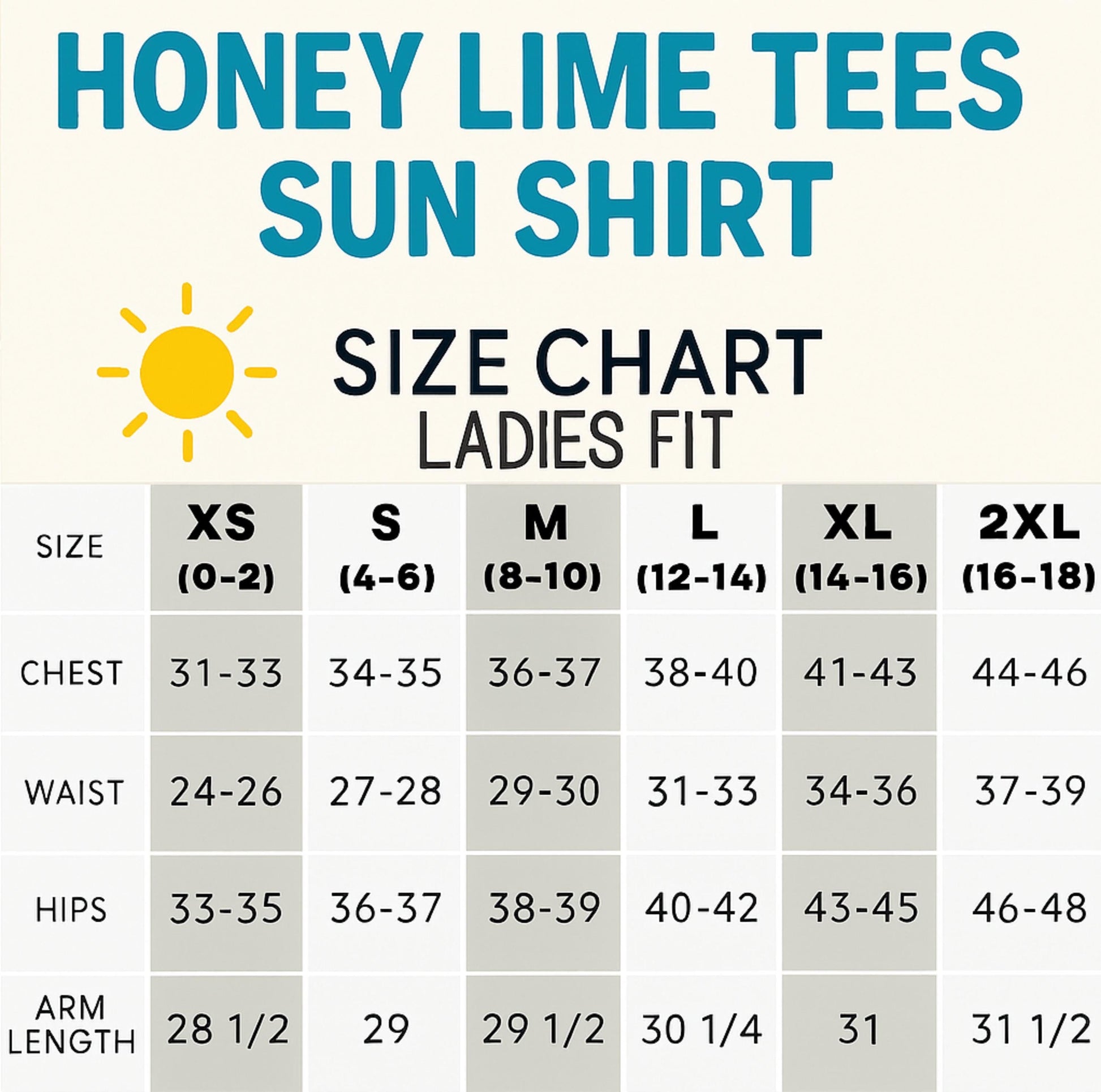 The image is a size chart for a sun shirt, providing measurements for different sizes ranging from XS to 2XL.