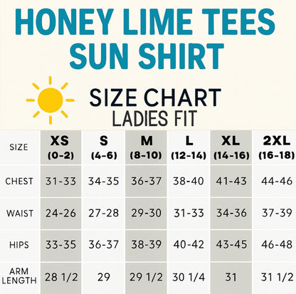 The image is a size chart for a sun shirt, providing measurements for different sizes ranging from XS to 2XL.