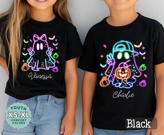 Personalized Neon Ghost Halloween Shirt: Custom Kids Trick-or-Treat Tee