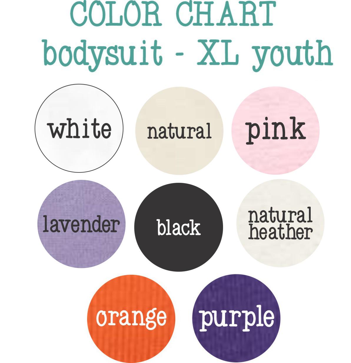 Color chart for a youth bodiesuit, including white, natural, pink, lavender, black, natural heater, orange, and purple.