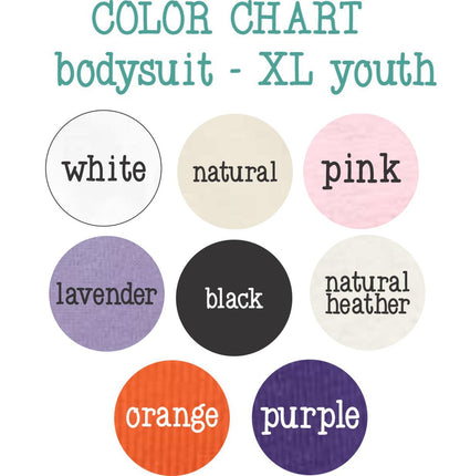 Color chart for a youth bodiesuit, including white, natural, pink, lavender, black, natural heater, orange, and purple.