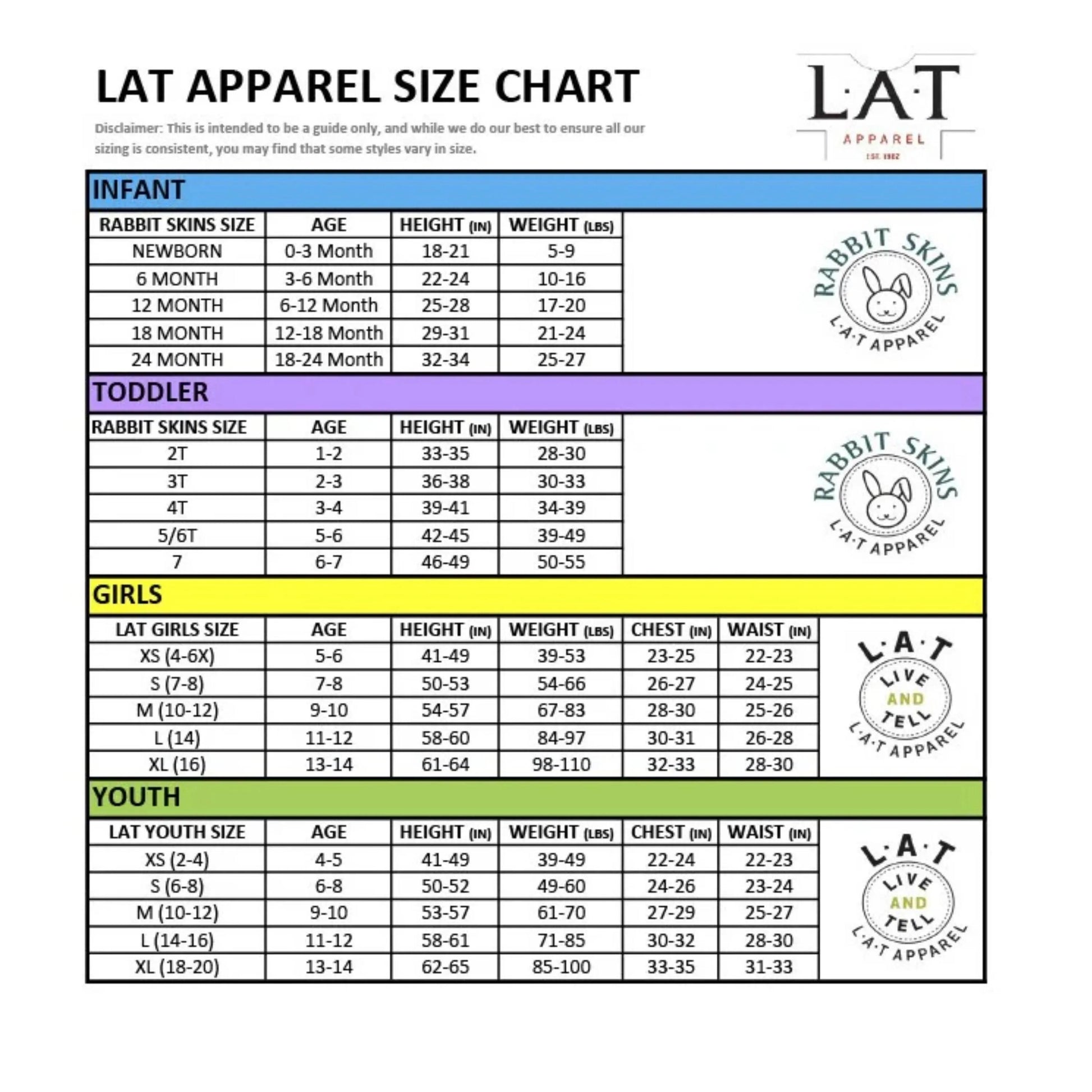 The image is a size chart for LAT apparel, providing measurements and corresponding styles for different age groups, including infants, toddlers, girls, and youth.