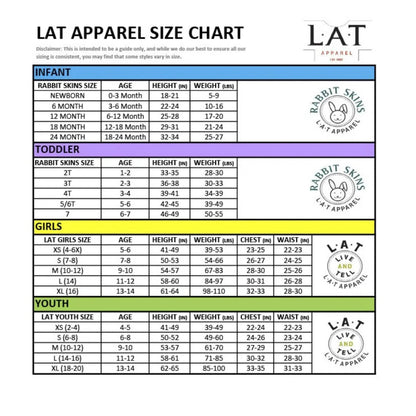 The image is a size chart for LAT apparel, providing measurements and corresponding styles for different age groups, including infants, toddlers, girls, and youth.