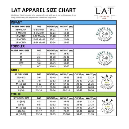 The image is a size chart for LAT apparel, providing measurements and corresponding styles for different age groups, including infants, toddlers, girls, and youth.
