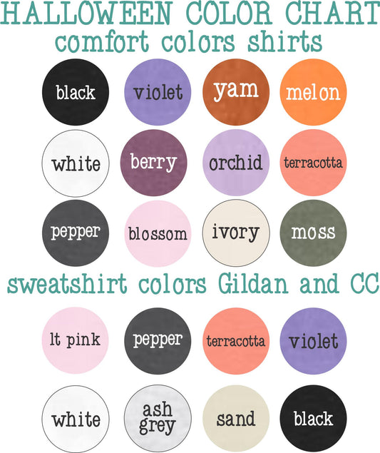 The image is a Halloween color chart that lists various colors and their corresponding comfort colors, including black, white, berry, orchid, terracotta, pepper, and moss.