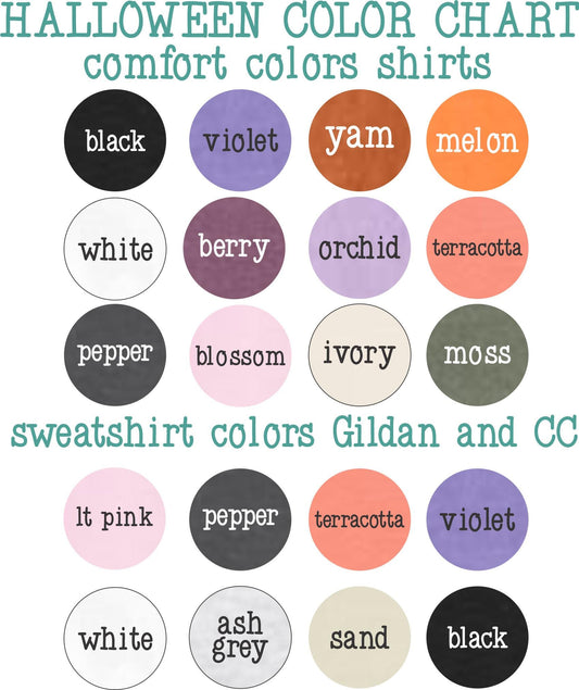 The image is a Halloween color chart that lists various colors and their corresponding comfort colors, including black, white, berry, orchid, terracotta, pepper, and moss.
