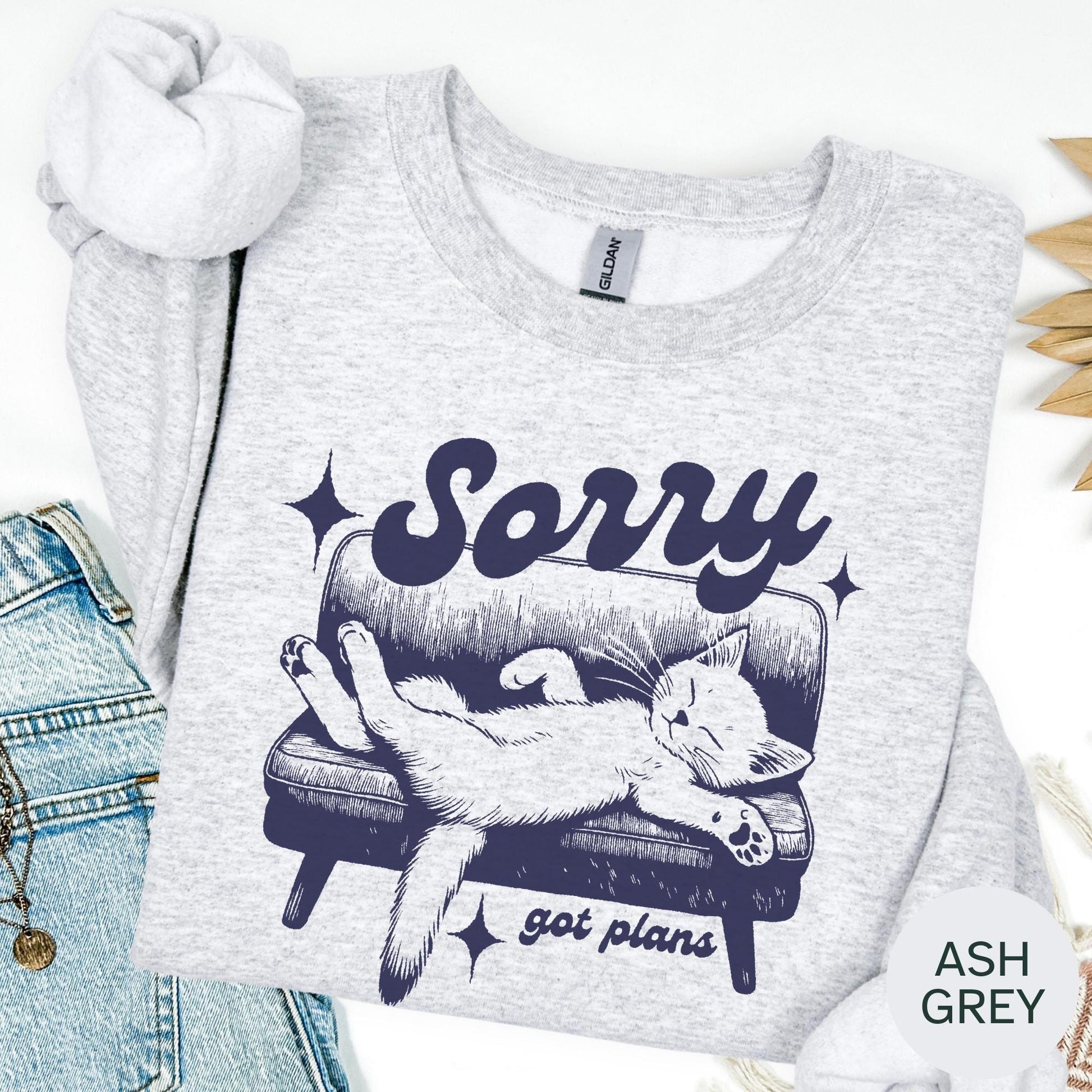 Sorry Got Plans Sweatshirt Funny Cat Graphic Pullover Cozy Lazy Day Top Cute Kitty Lounge Shirt Cat Lover Gift Funny Animal Sweatshirt