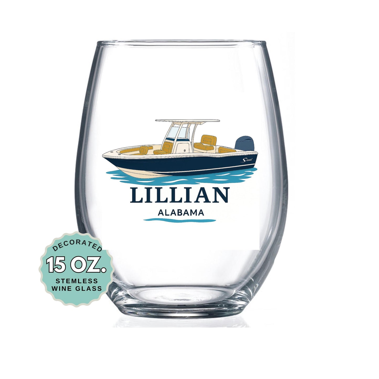 Custom boat wine glass personalized 15 oz stemless printed wine glass nautical drinkware yacht club gift coastal barware sailing party favor