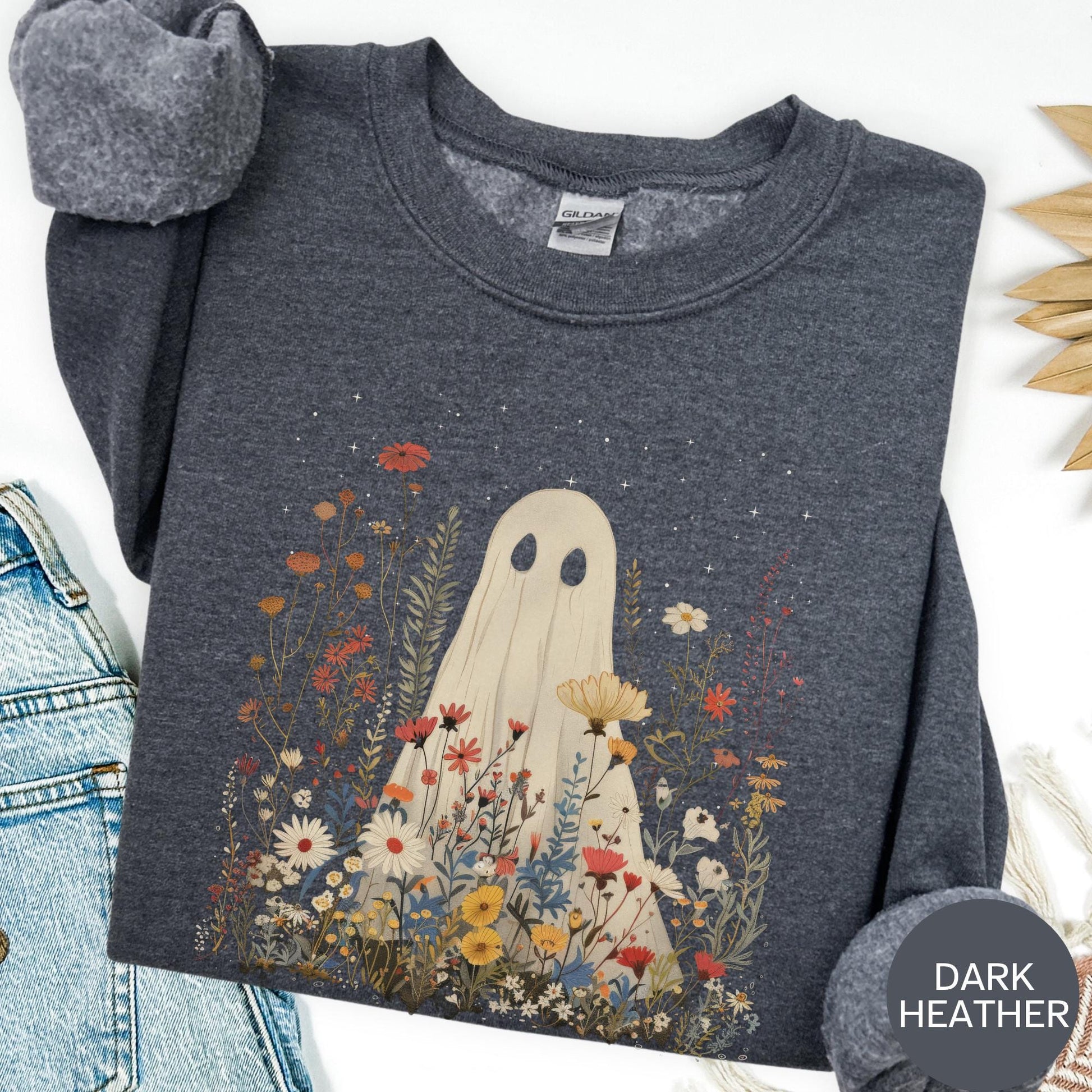 Halloween Ghost in Wildflowers Shirt, Spooky Fall Aesthetic Halloween Floral Sweatshirt, Cozy October Ghost Wildflowers Hoodie for Fall
