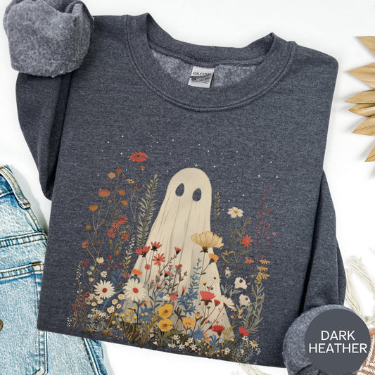 Halloween Ghost in Wildflowers Shirt, Spooky Fall Aesthetic Halloween Floral Sweatshirt, Cozy October Ghost Wildflowers Hoodie for Fall