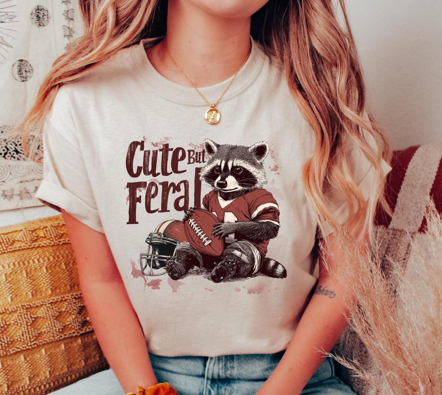 Cute But Feral Football Raccoon Shirt, Football Lover Shirt, Gift for Her, Retro Shirt, Graphic Shirt Sports Shirt, Cute Football Top