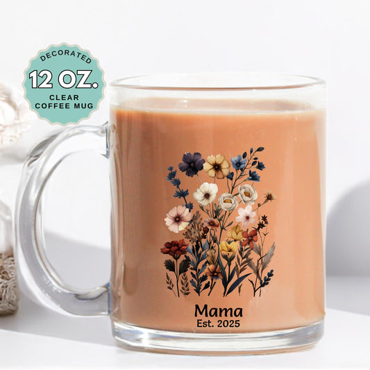 Any name any year Florals Clear Coffee Mug 12oz Glass Cup with Handle Heat Resistant Glass Mug for Coffee, Gigi, Grandma, Mimi, Mama, Grammy