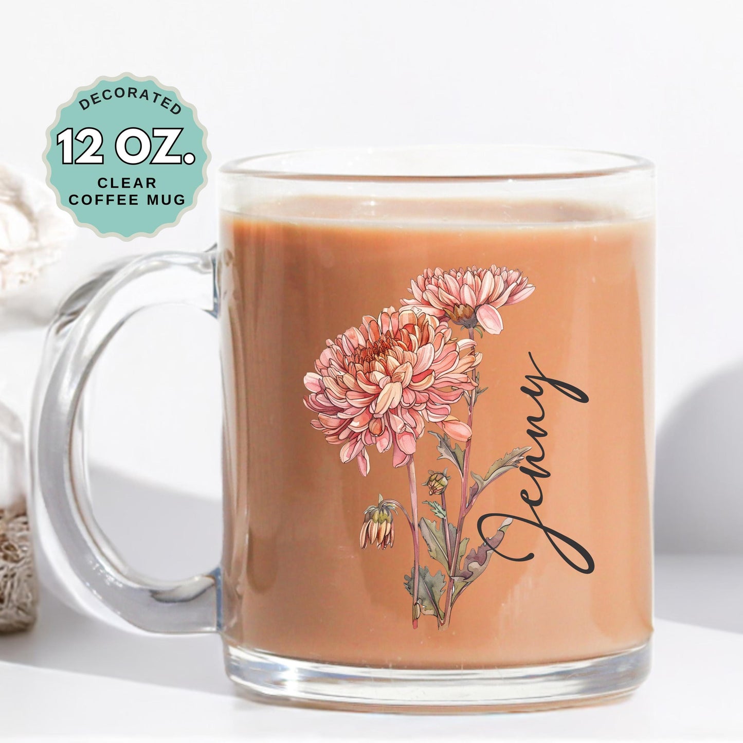 November Birthday Coffee Mug Birth Flower Chrysanthemum Custom Name 12oz Clear Glass Cup Personalized Glass Mug for Birthday Gift Tea