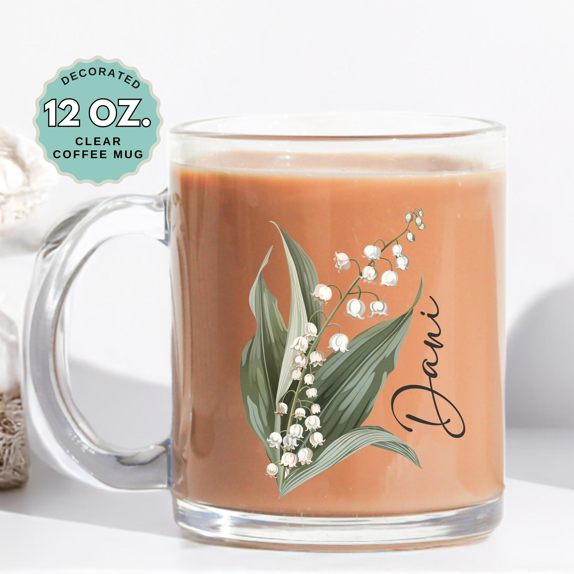 May Birthday Coffee Mug Birth Flower Lily of the Valley Custom Name 12oz Clear Glass Cup Personalized Glass Mug for Birthday Gift Tea Latte