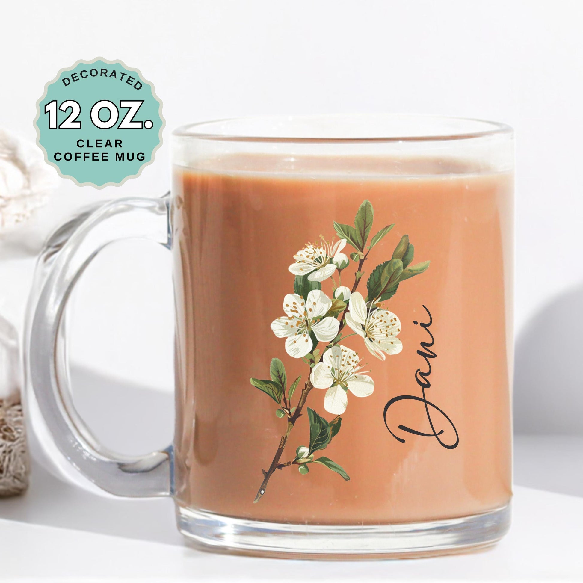 May Birthday Coffee Mug Birth Flower Hawthorn Custom Name 12oz Clear Glass Cup Personalized Glass Mug for Birthday Gift Tea Latte