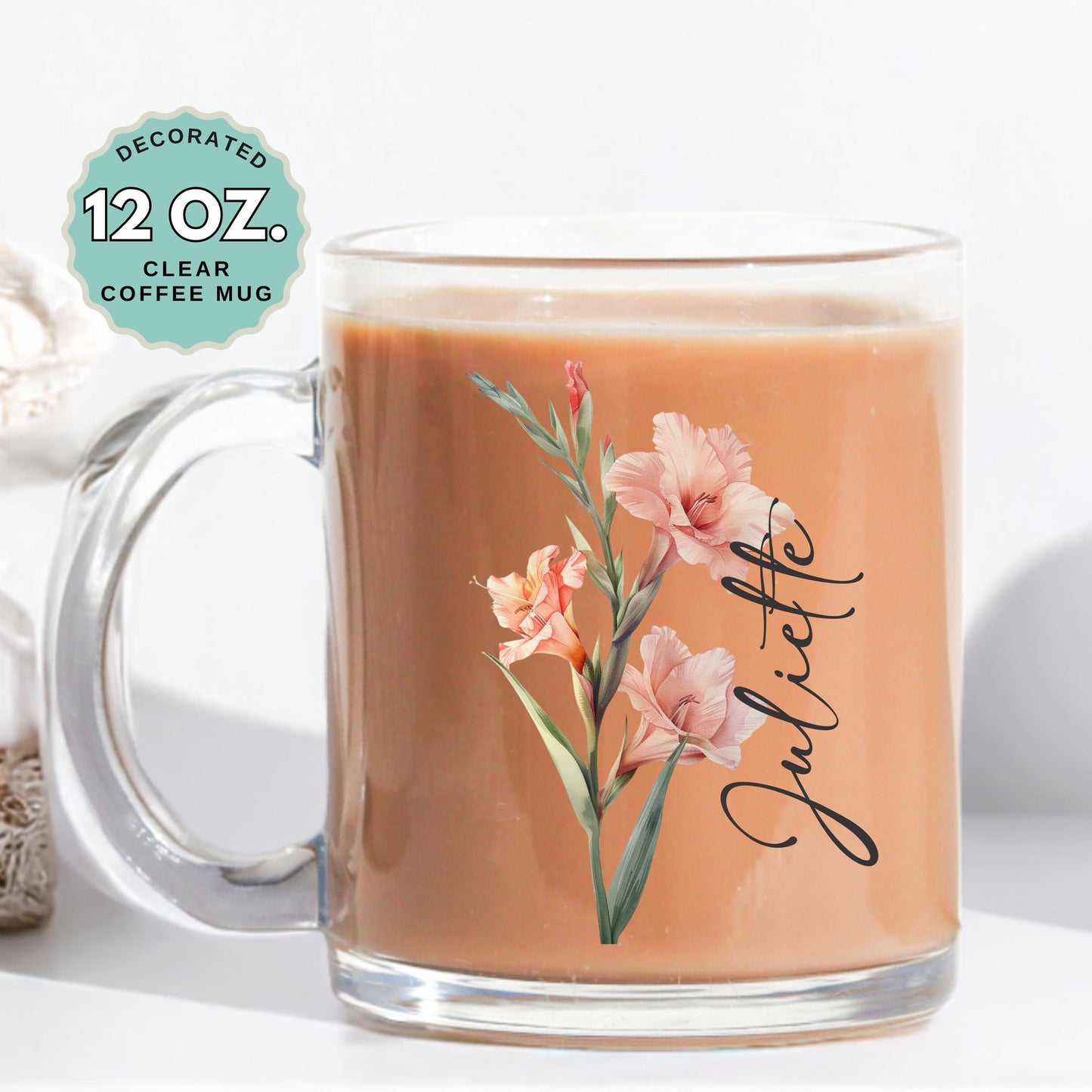 August Birthday Coffee Mug Birth Flower Gladiolas Custom Name 12oz Clear Glass Cup Personalized Glass Mug for Birthday Gift Tea Latte Drink