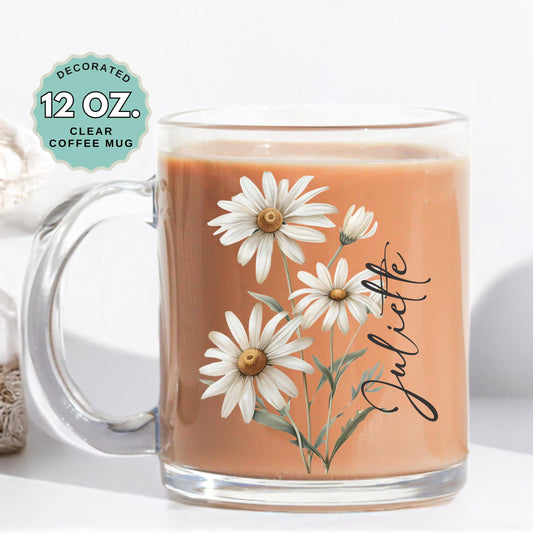 April Birthday Coffee Mug Birth Flower Daisy Custom Name 12oz Clear Glass Cup Personalized Glass Mug for Birthday Gift Tea Latte Drink