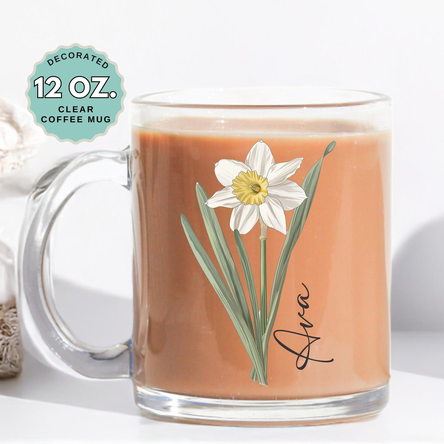 March Birthday Coffee Mug Birth Flower Daffodil Custom Name 12oz Clear Glass Cup Personalized Glass Mug for Birthday Gift Tea Latte Drink