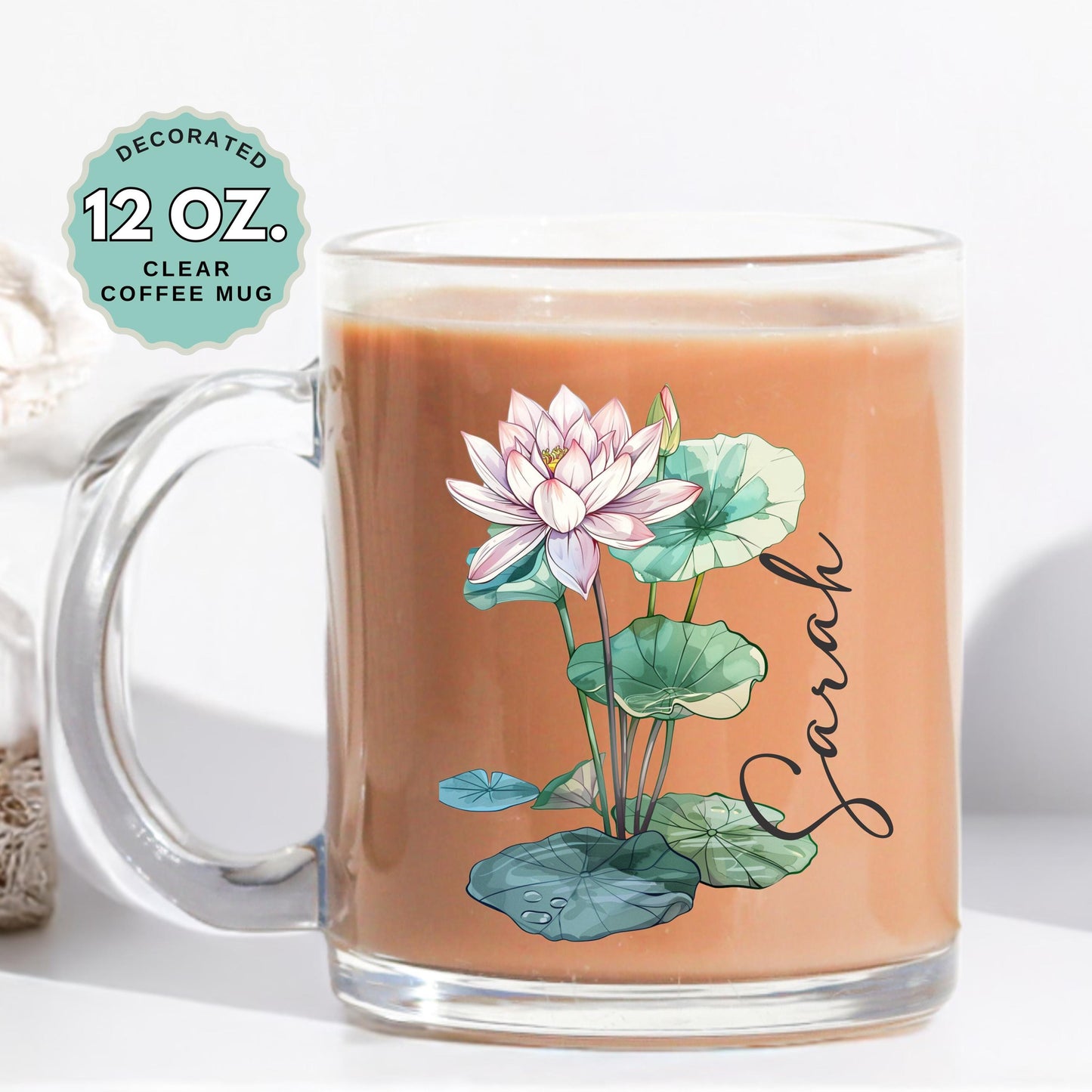 July Birthday Coffee Mug Birth Flower Water Lily Custom Name 12oz Clear Glass Cup Personalized Glass Mug for Birthday Gift Tea Latte Drink