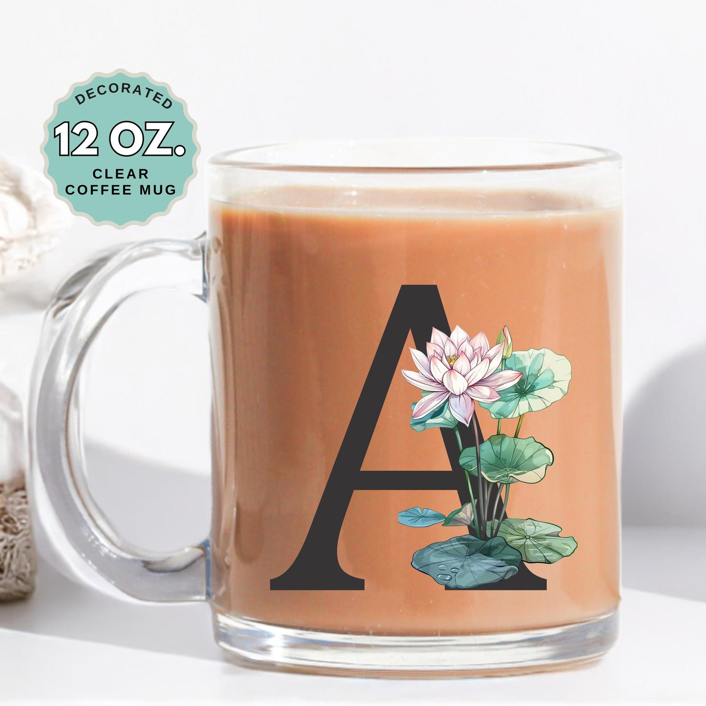 July Birthday Coffee Mug Birth Flower Custom Initial 12oz Clear Glass Cup Personalized Glass Mug for Birthday Gift Tea Latte Drink