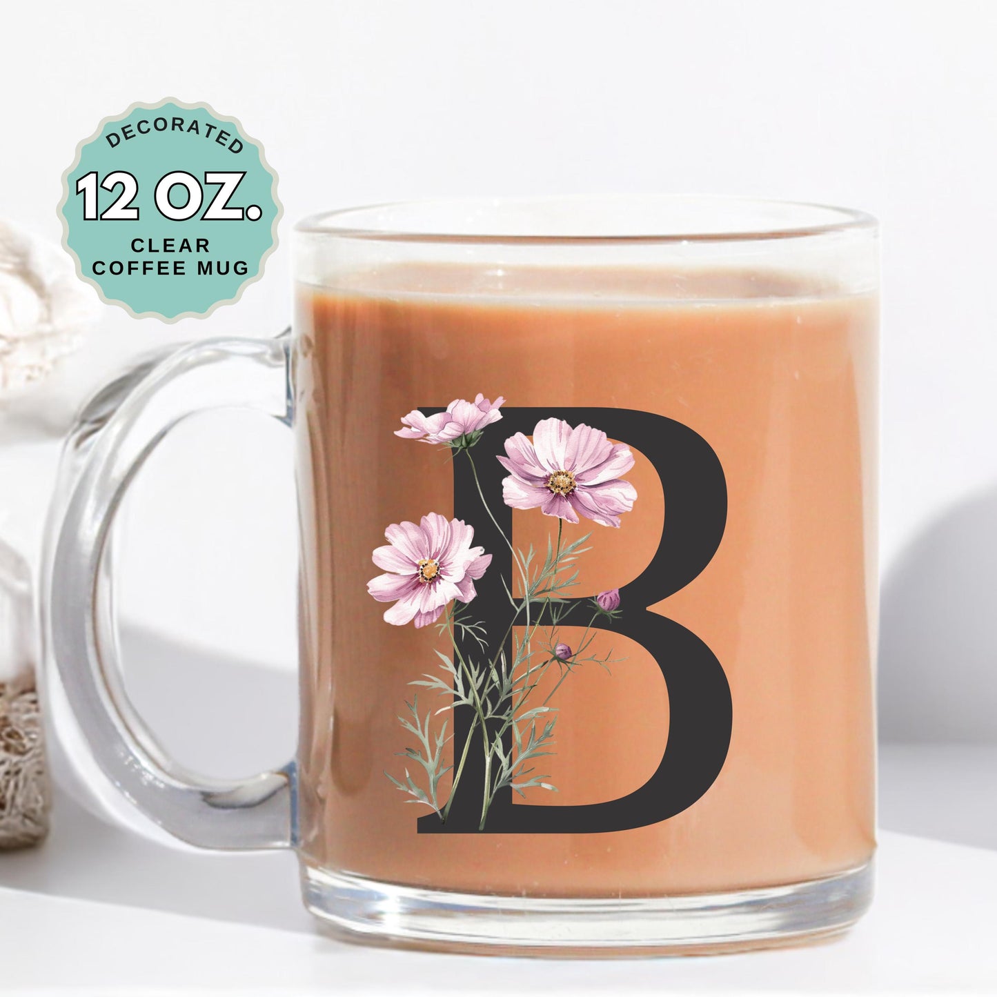 October Birthday Coffee Mug Birth Flower Cosmos Custom Initial 12oz Clear Glass Cup Personalized Glass Mug for Birthday Gift Tea Latte Drink