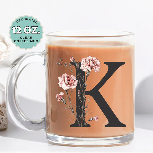 January Birthday Coffee Mug Birth Flower Carnation Custom Initial 12oz Clear Glass Cup Personalized Glass Mug for Birthday Gift for her