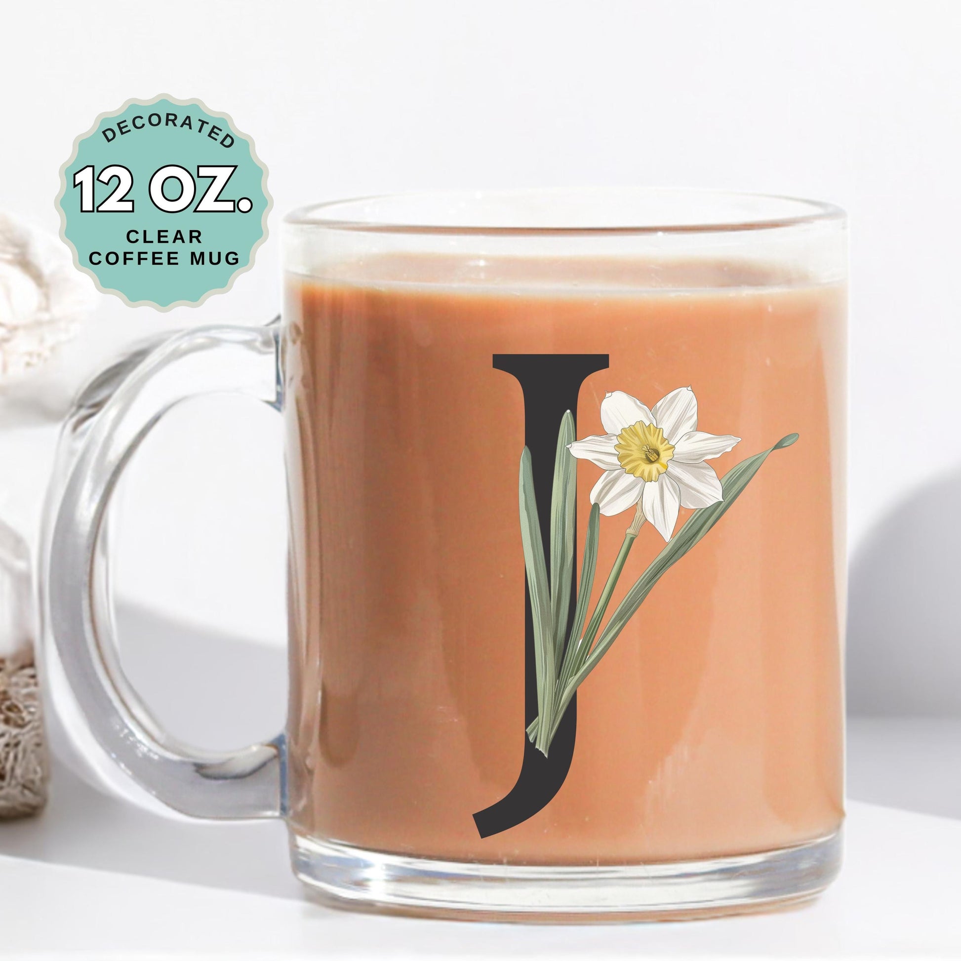 March Birthday Coffee Mug Birth Flower Daffodil Custom Initial 12oz Clear Glass Cup Personalized Glass Mug for Birthday Gift for her