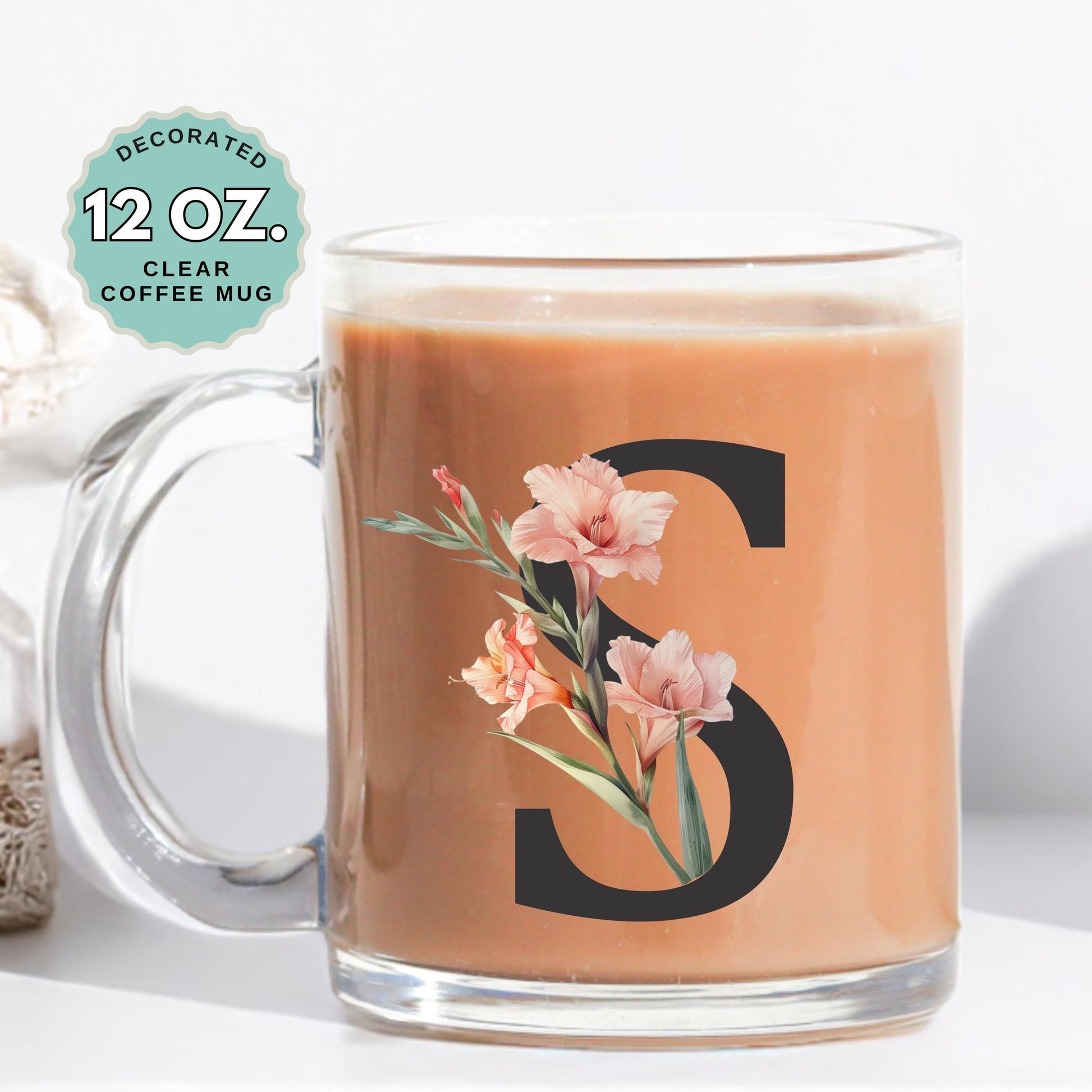 August Birthday Coffee Mug Birth Flower Merigold Custom Initial 12oz Clear Glass Cup Personalized Glass Mug for Birthday Gift Tea Latte