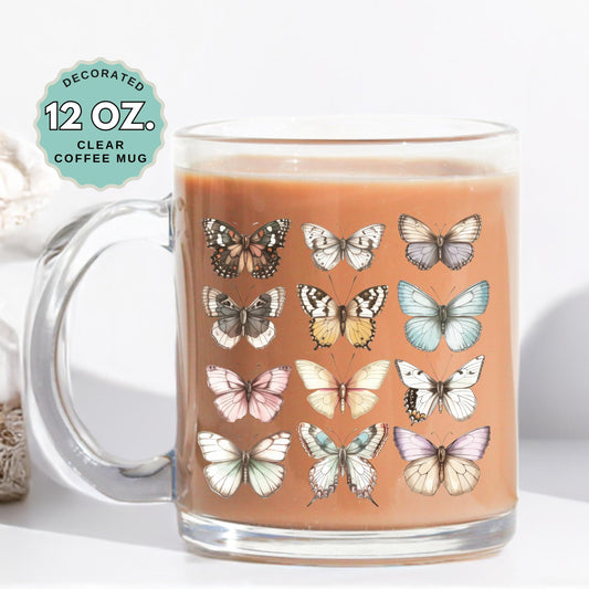 Butterflies Coffee Mug, 12oz Clear Glass Cup, Cute Gift for Coffee Tea Latte Hot Chocolate, adorable gift for nature lover, Stylish Mug