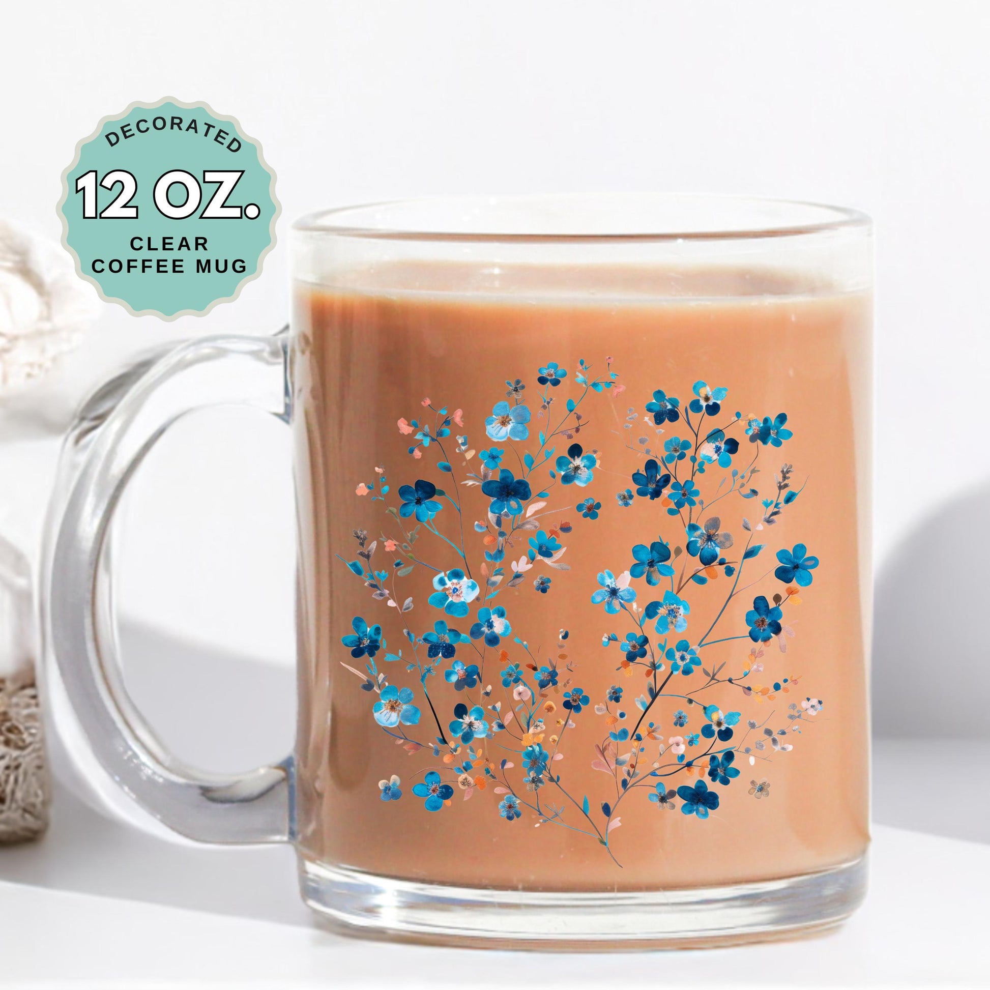 Blue Florals Coffee Mug, 12oz Clear Glass Cup with Handle, Garden Lover mug, Hot Chocolate, Gift for Floral Coffee Mug for Garden Lovers