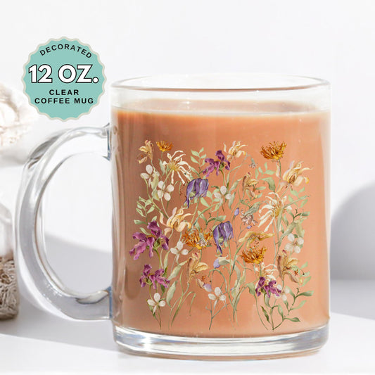 Wildflower Florals Coffee Mug, 12oz Clear Glass Cup with Handle, Garden Lover mug, Hot Chocolate, Gift Floral Coffee Mug for Plant Lovers