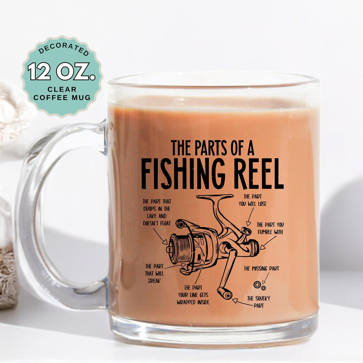 Funny Fishing Mug The Parts of a Fishing Reel Coffee Mug 12oz Clear Glass Cup Fisherman Gift Fishing Humor Cup Outdoors Coffee Lover