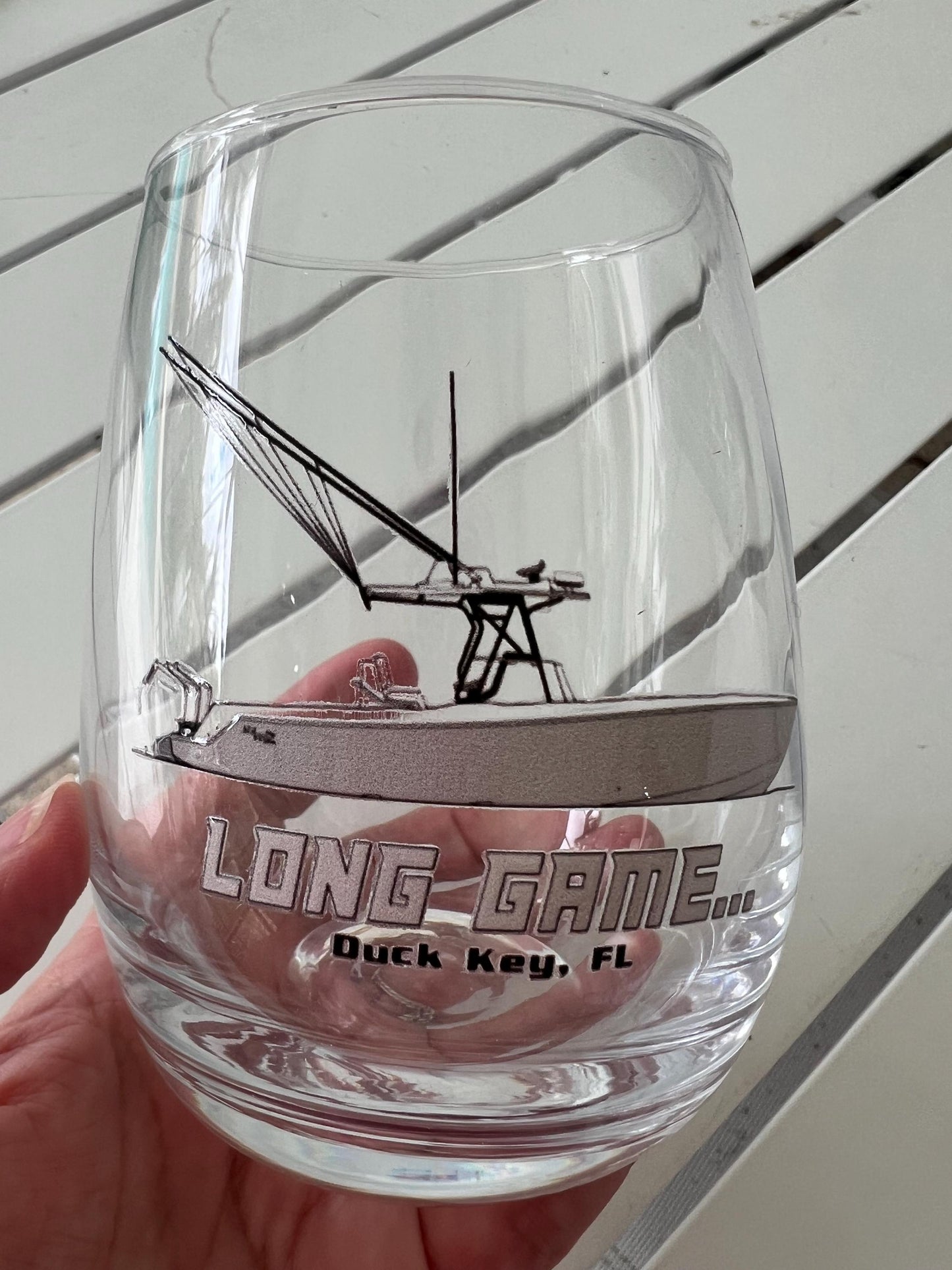 Custom boat wine glass personalized 15 oz stemless printed wine glass nautical drinkware yacht club gift coastal barware sailing party favor