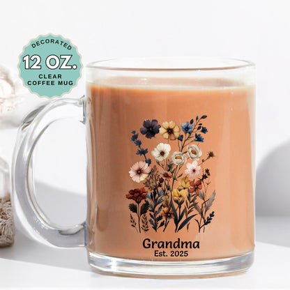 Grandma Est. 2025 Florals Clear Coffee Mug 12oz Glass Cup with Handle Heat Resistant Glass Mug for Coffee, Tea Latte, Hot Chocolate, Cocoa