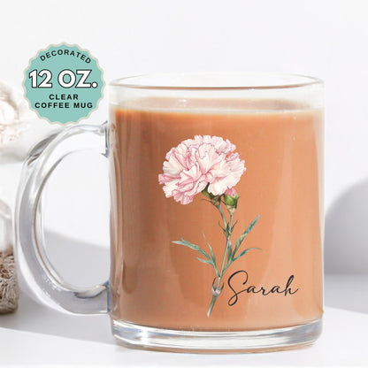 January Birthday Coffee Mug Birth Flower Carnation Custom Name 12oz Clear Glass Cup Personalized Glass Mug for Birthday Gift Tea Latte