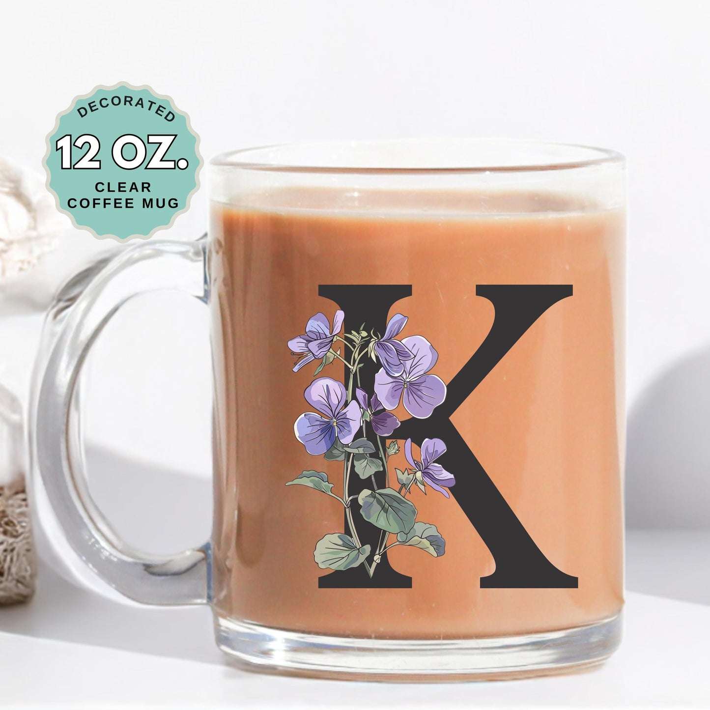 February Birthday Coffee Mug Birth Flower Custom Initial 12oz Clear Glass Cup Personalized Glass Mug for Birthday Gift Tea Latte Drink