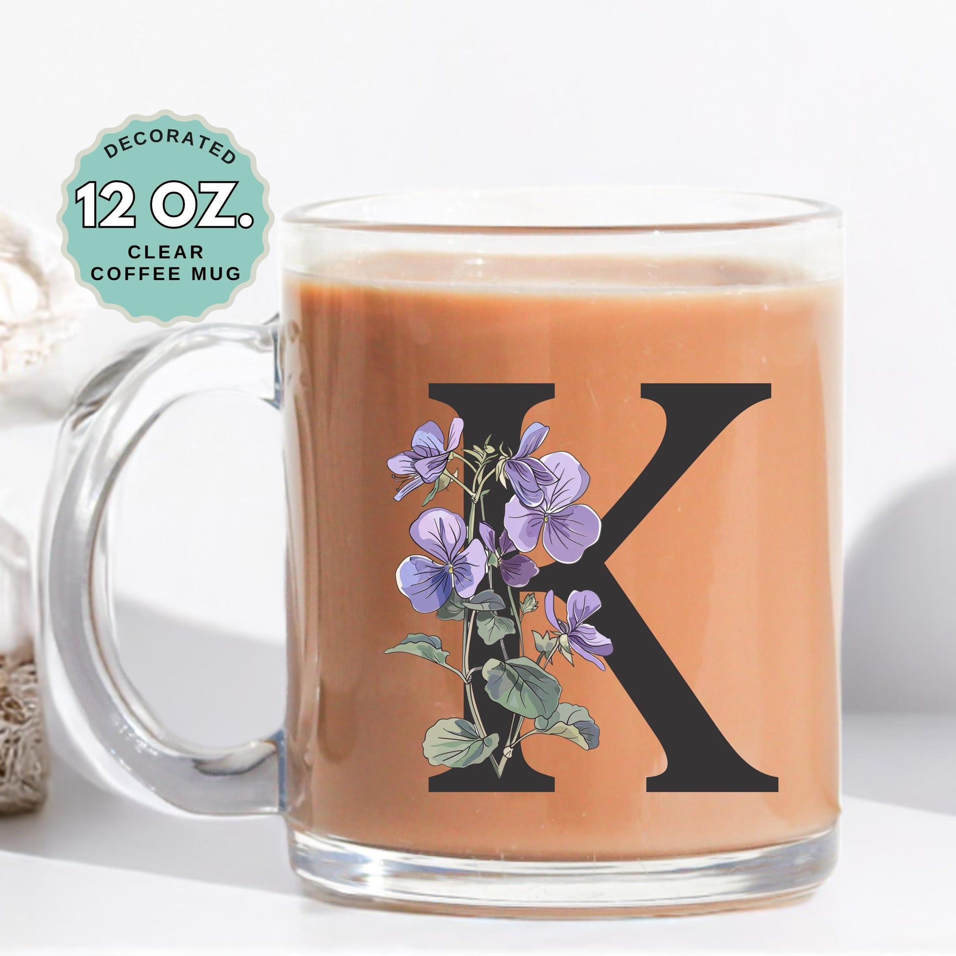 February Birthday Coffee Mug Birth Flower Custom Initial 12oz Clear Glass Cup Personalized Glass Mug for Birthday Gift Tea Latte Drink