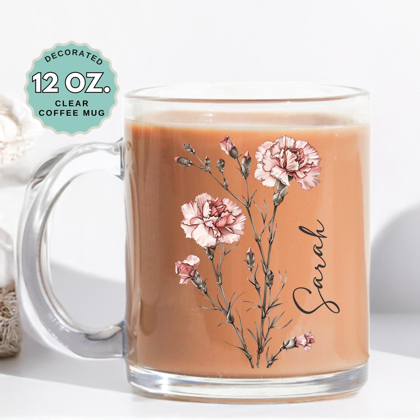 January Birthday Coffee Mug Birth Flower Custom Name 12oz Clear Glass Cup Personalized Glass Mug for Birthday Gift Tea Latte Hot Drink