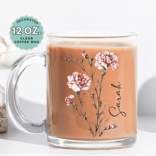 January Birthday Coffee Mug Birth Flower Custom Name 12oz Clear Glass Cup Personalized Glass Mug for Birthday Gift Tea Latte Hot Drink