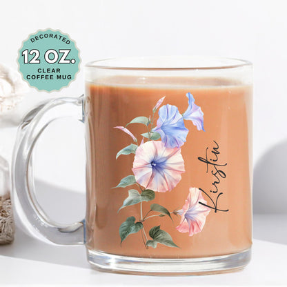 September Birthday Coffee Mug Birth Flower Morning Glory Custom Name 12oz Clear Glass Cup Personalized Glass Mug for Birthday Gift Latte