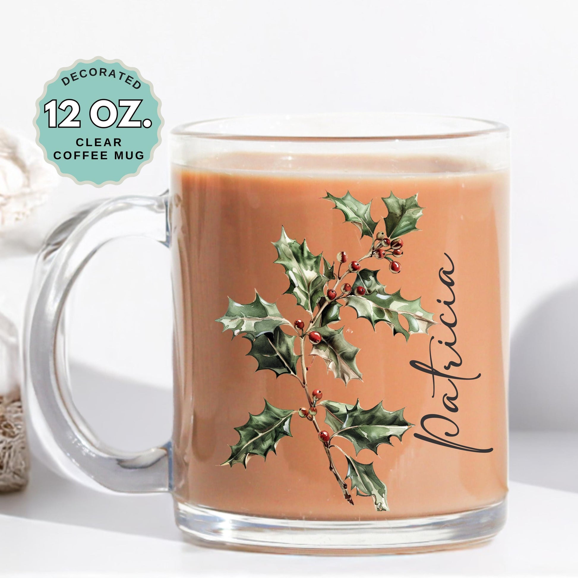 December Birthday Coffee Mug Birth Flower Holy Custom Name 12oz Clear Glass Cup Personalized Glass Mug for Birthday Gift Tea Latte
