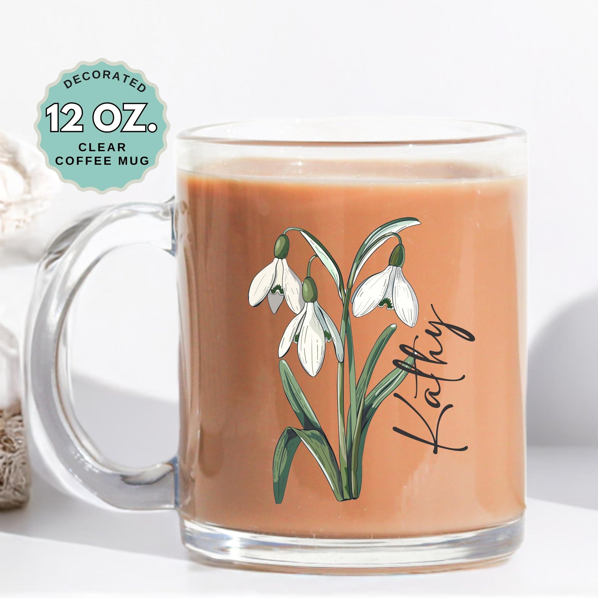 January Birthday Coffee Mug Birth Flower Snowdrop Custom Name 12oz Clear Glass Cup Personalized Glass Mug for Birthday Gift Tea Latte Drink