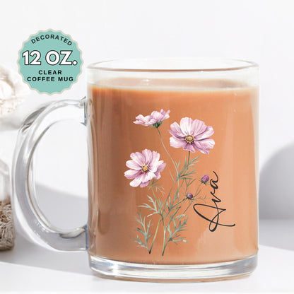 October Birthday Coffee Mug Birth Flower Cosmos Custom Name 12oz Clear Glass Cup Personalized Glass Mug for Birthday Gift Tea Latte
