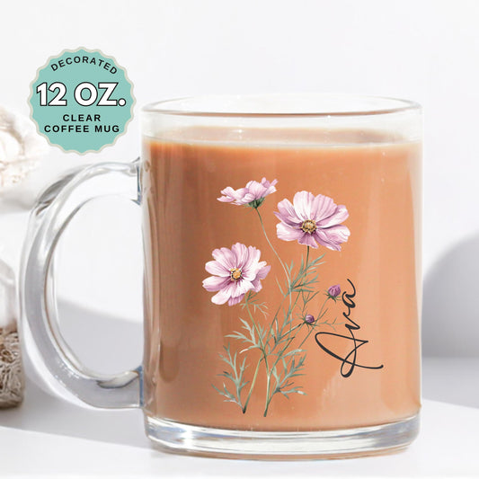 October Birthday Coffee Mug Birth Flower Cosmos Custom Name 12oz Clear Glass Cup Personalized Glass Mug for Birthday Gift Tea Latte