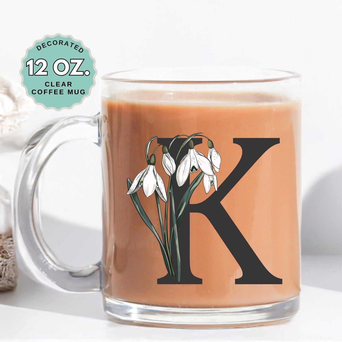 January Birthday Coffee Mug Birth Flower Snowdrop Custom Initial 12oz Clear Glass Cup Personalized Glass Mug for Birthday Gift Tea Latte