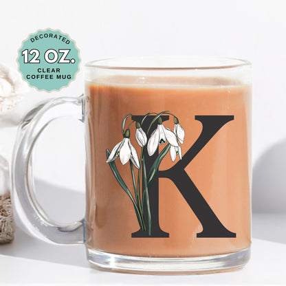 January Birthday Coffee Mug Birth Flower Snowdrop Custom Initial 12oz Clear Glass Cup Personalized Glass Mug for Birthday Gift Tea Latte