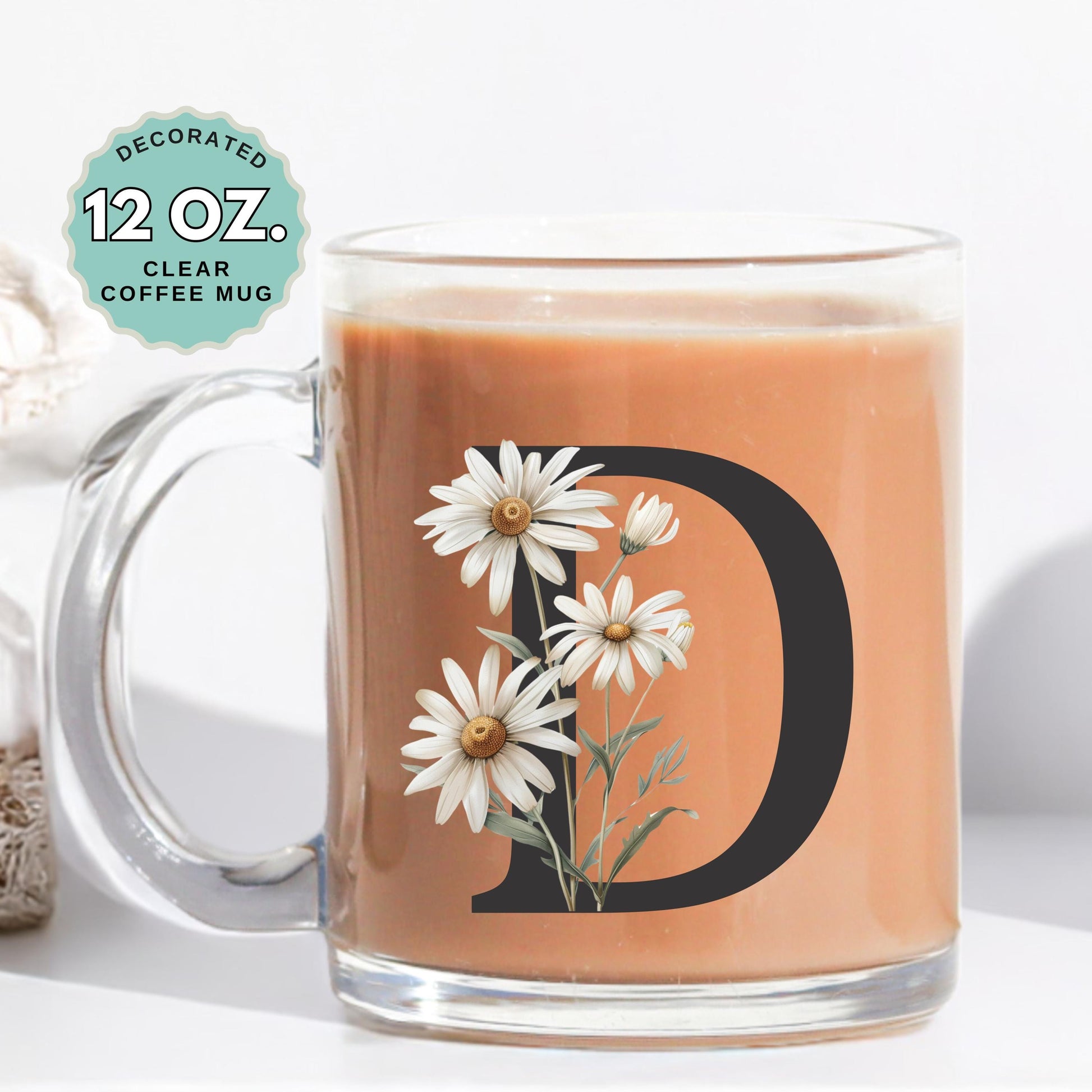 April Birthday Coffee Mug Birth Flower Daisy Custom Initial 12oz Clear Glass Cup Personalized Glass Mug for Birthday Gift for her