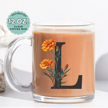 October Birthday Coffee Mug Birth Flower Merigold Custom Initial 12oz Clear Glass Cup Personalized Glass Mug for Birthday Gift Tea Latte
