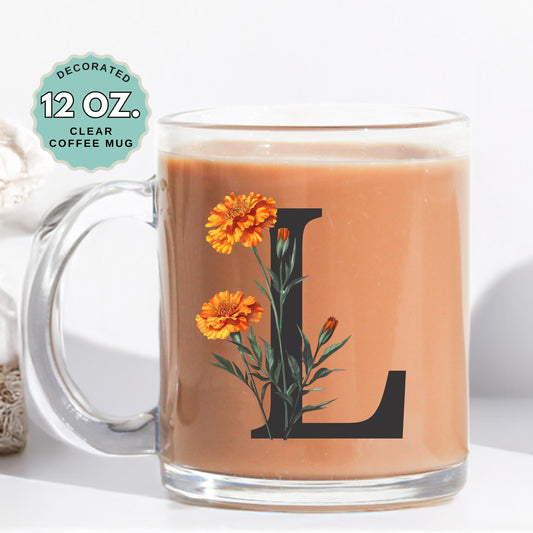 October Birthday Coffee Mug Birth Flower Merigold Custom Initial 12oz Clear Glass Cup Personalized Glass Mug for Birthday Gift Tea Latte